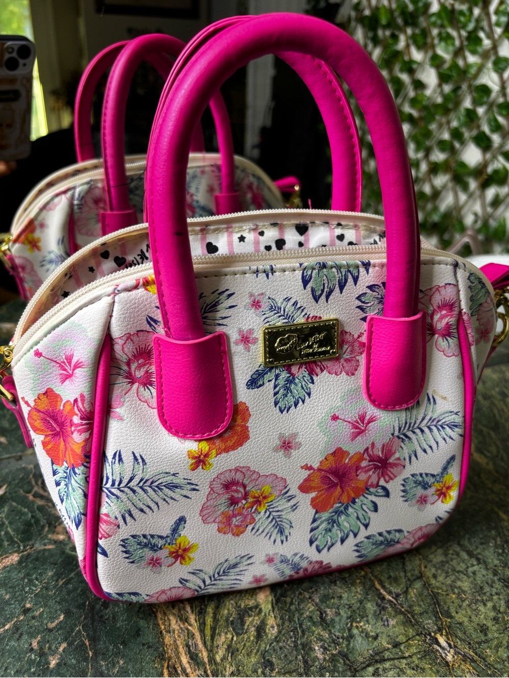 Betsey Johnson Floral Mini Satchel with Hot Pink Handles